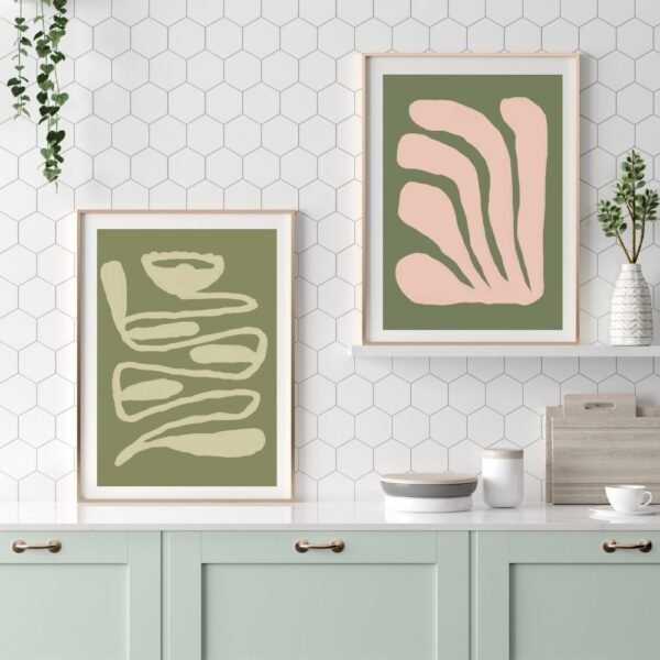 abstract print featuring organic shapes in muted colors on a green background.