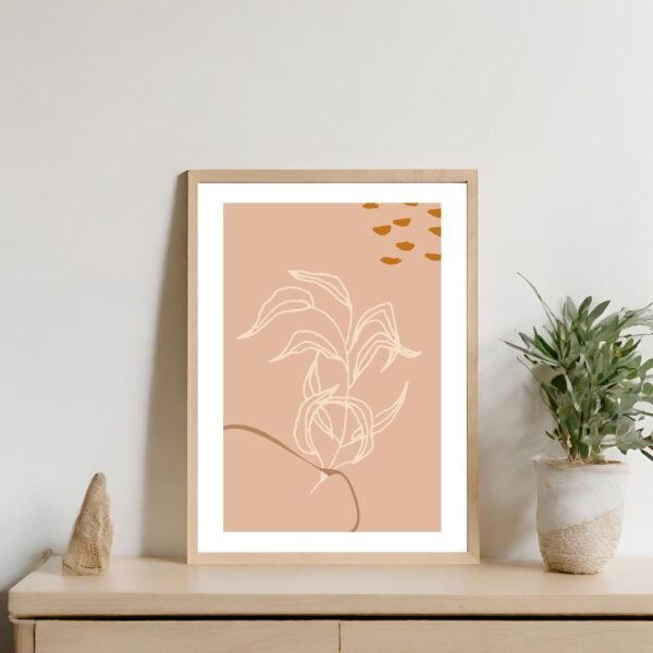 Abstract floral artwork featuring a plant illustration on a peach background with decorative elements.