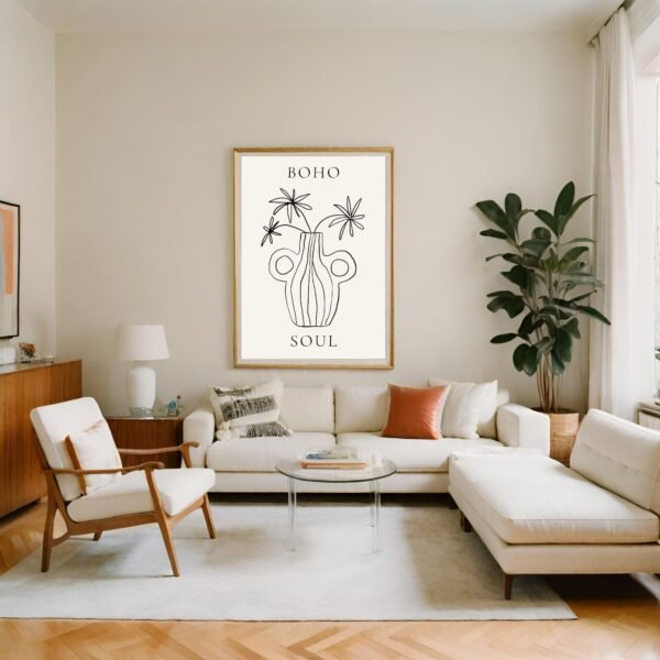 Framed wall art featuring the text 'BOHO SOUL' and a line drawing of a vase with plants.
