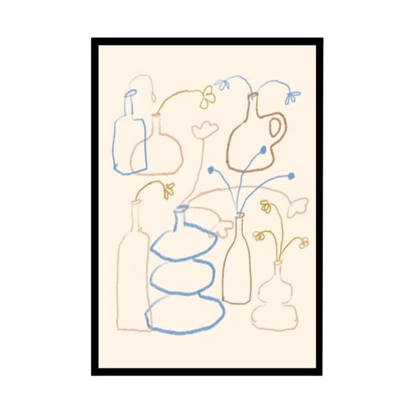Simple and serene line art of vases and flowers, perfect for soft-toned interiors.