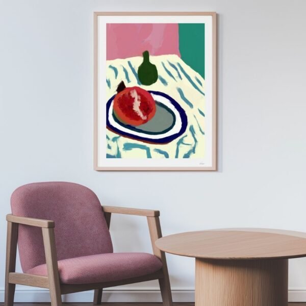 Artistic wall art featuring a pomegranate alongside a green bottle, perfect for modern interior decor.