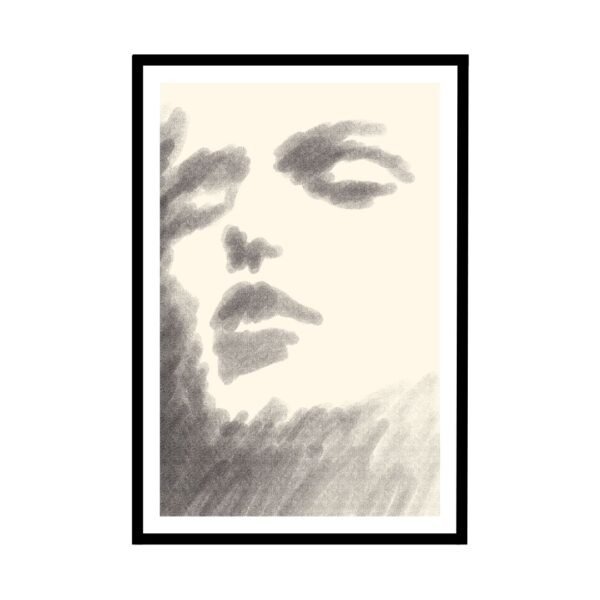 Framed Black and white abstract portrait of a human face with soft shading and smooth lines.