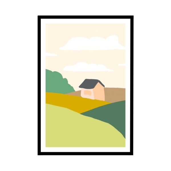 Serene country landscape poster with rolling hills and a cozy house