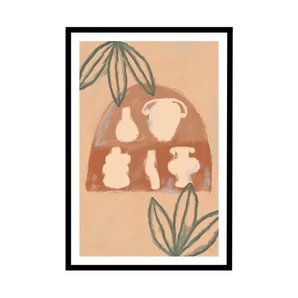 Abstract art of vases and leaves with a soft earthy palette.