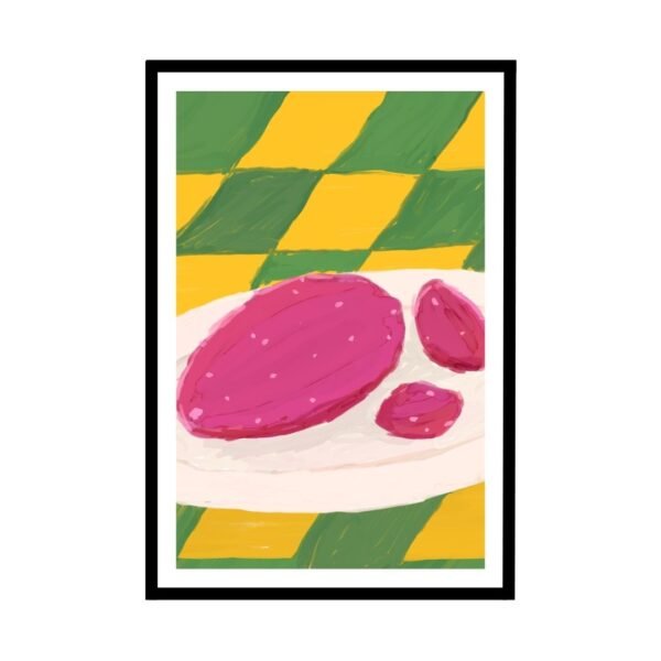 Abstract art with bright fruit and a vibrant green-yellow background.