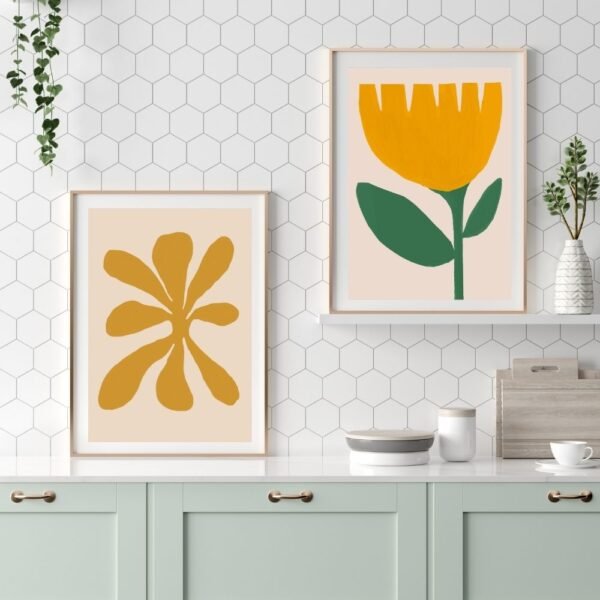 set of 2 Floral art print featuring a yellow flower on a neutral background.