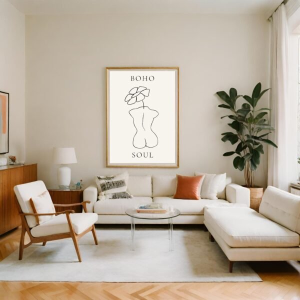Framed art print titled 'Boho Soul' featuring a minimalist line drawing of a torso with a flower.