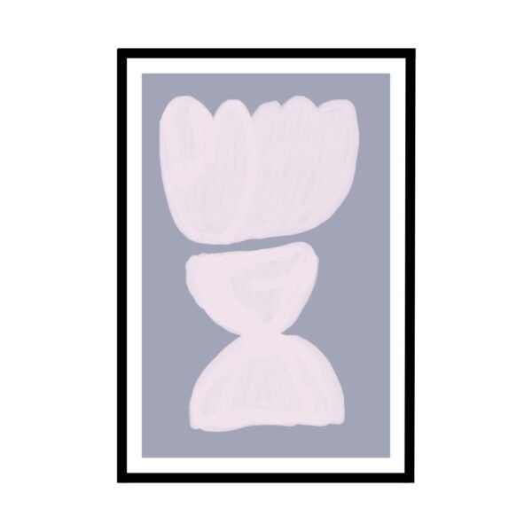 Lavender abstract art print framed in a contemporary living room with minimalist decor.