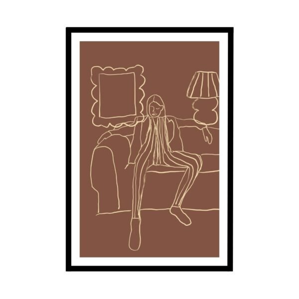 Simple line drawing of a woman on a sofa in soft colors.