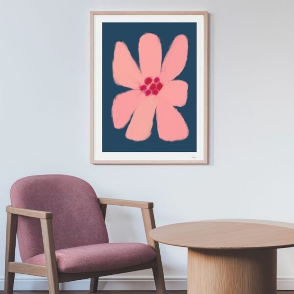 Modern flower design with soft pink petals and navy backdrop.