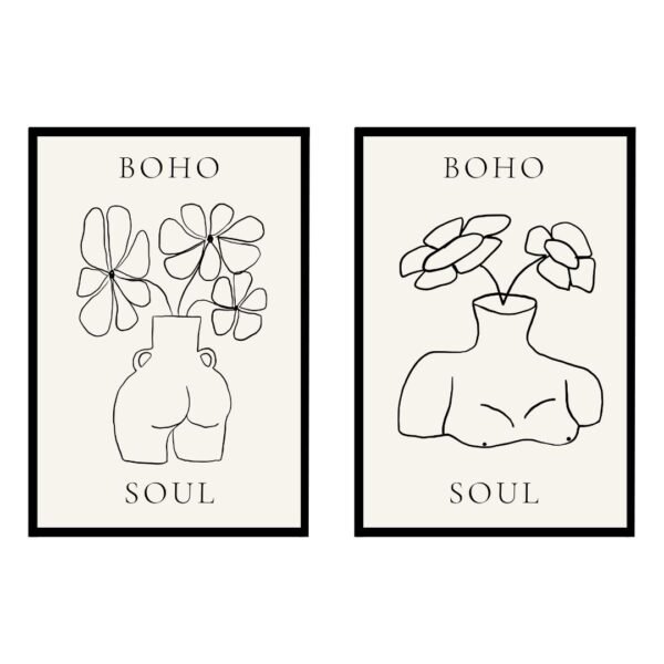 Two framed art prints featuring minimalist line drawings of vases with flowers and the text 'BOHO SOUL'.