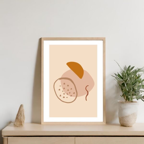 Abstract geometric artwork featuring soft shapes in beige, peach, and brown tones.