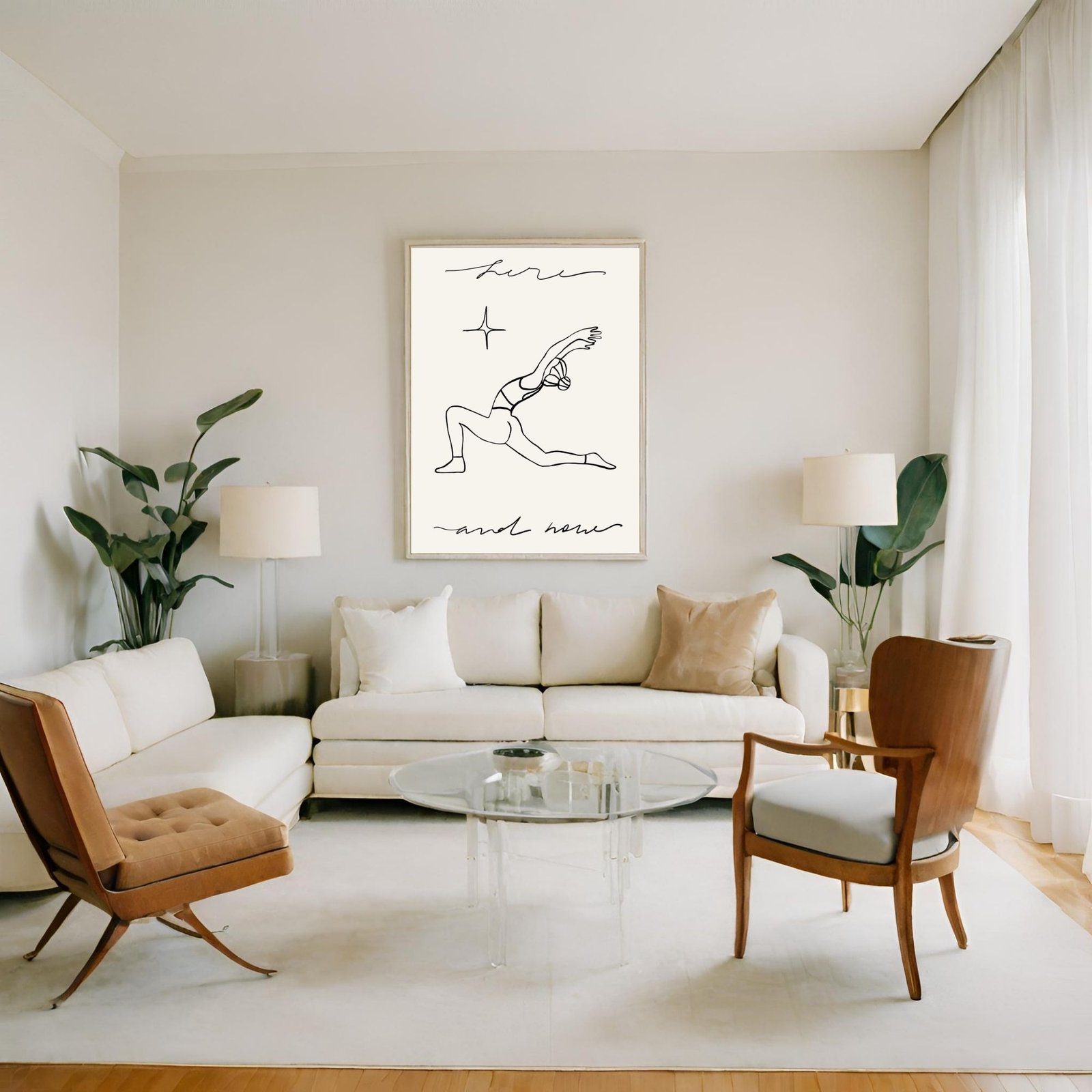 Framed line art print of a dancer displayed on a wall in a living room setting.