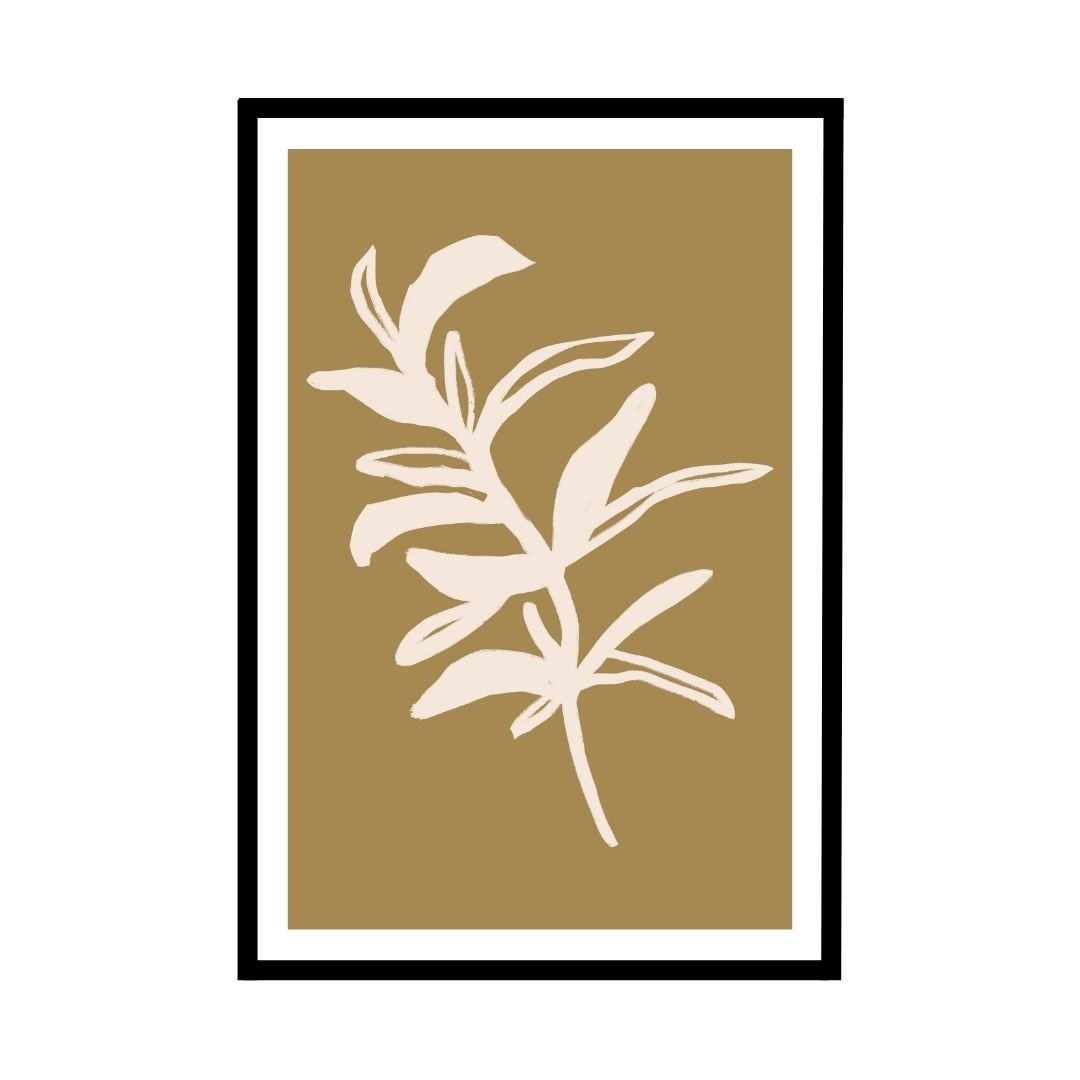 Minimalist olive branch wall art in soft beige tones.