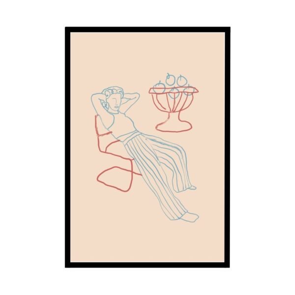 Line art of a person relaxing in a retro lounge chair.