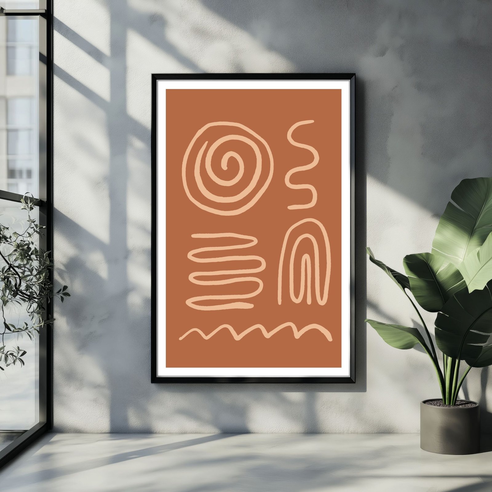 Modern boho art print with hand-drawn beige spiral and arch motifs on a terracotta background.