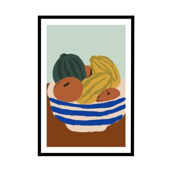 Colourful fruit basket art print with modern, clean lines and lively hues.