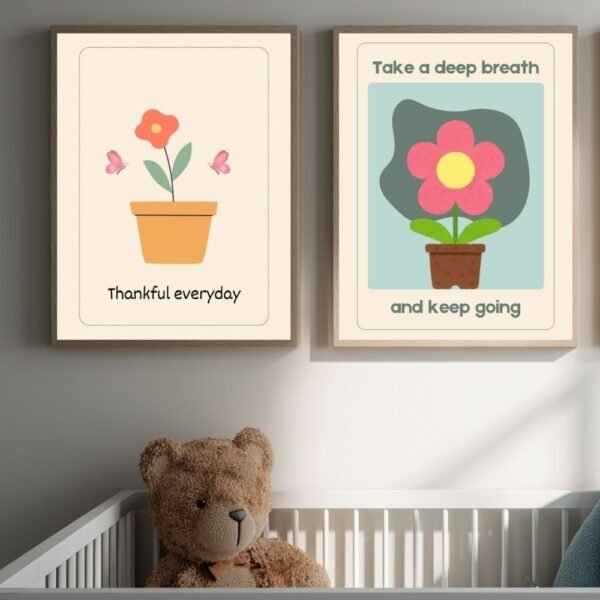 2 piece Motivational floral art print with the text “Take a Deep Breath and Keep Going.” and “Thankful Everyday.”