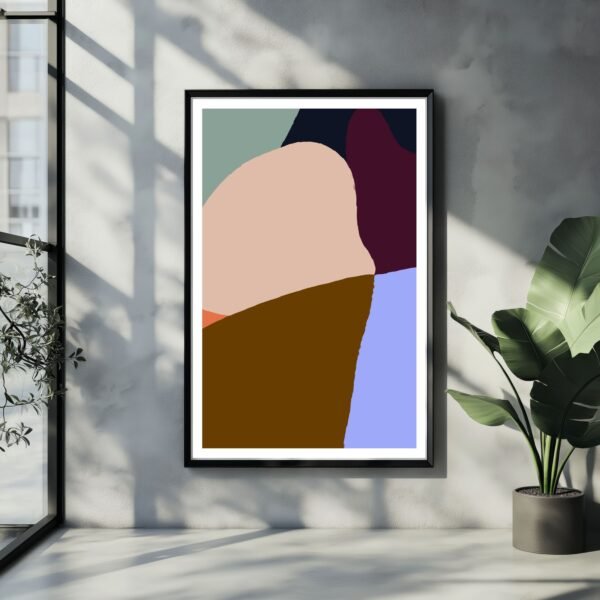 Abstract geometric artwork featuring various shapes in muted colors including brown, blue, and beige.