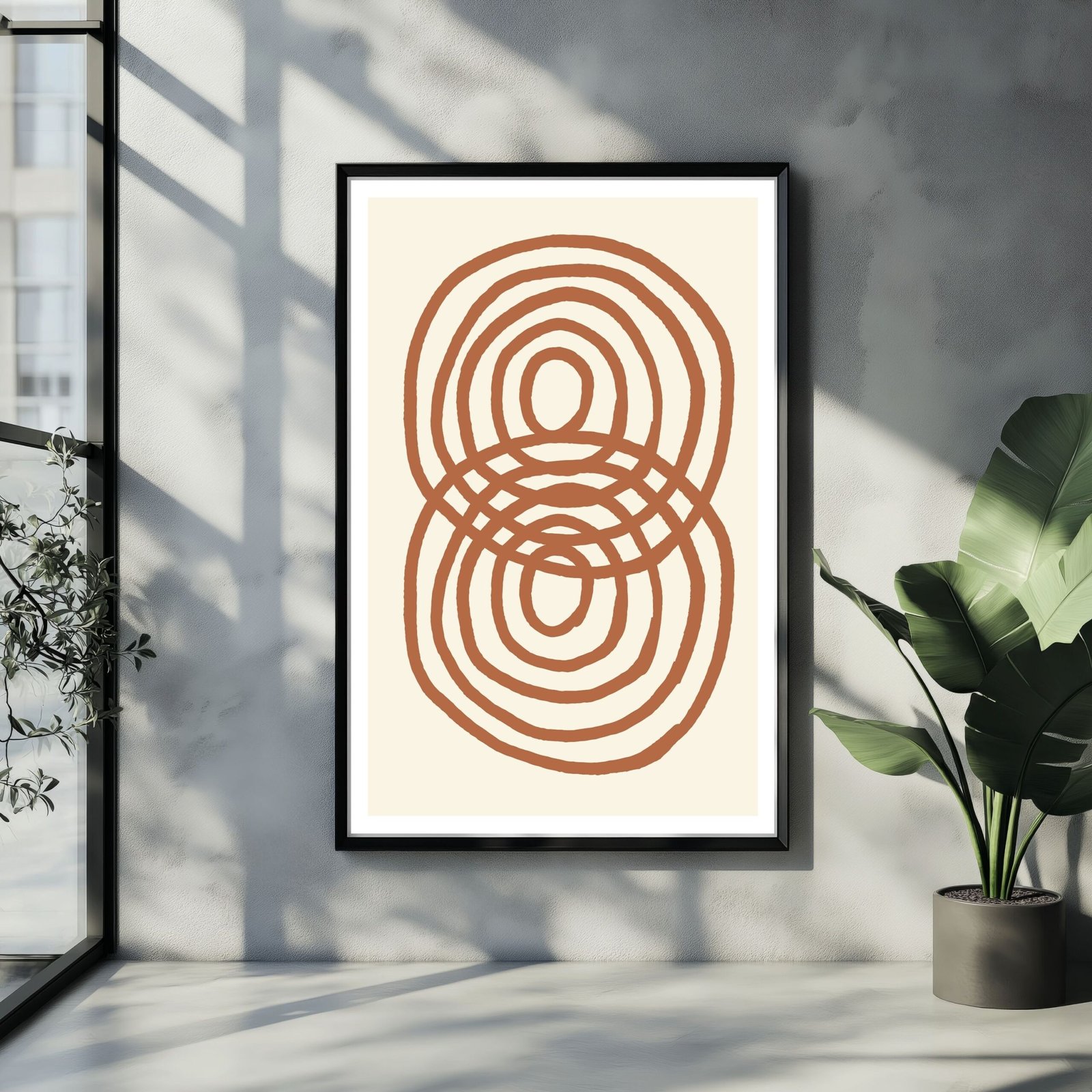 Geometric abstract wall print with intersecting brown circle lines on a light beige surface, framed against wall