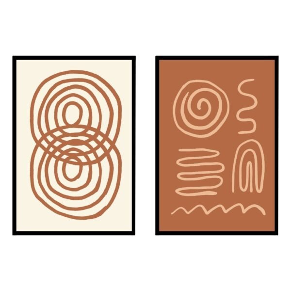 Two abstract line art prints featuring circular and wavy designs in neutral colors.