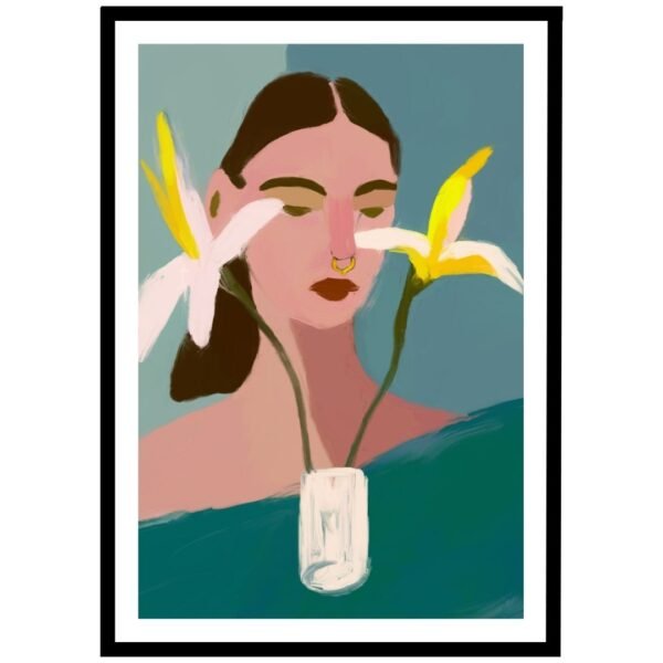 Stylish woman portrait surrounded by lilies framed in black wall art