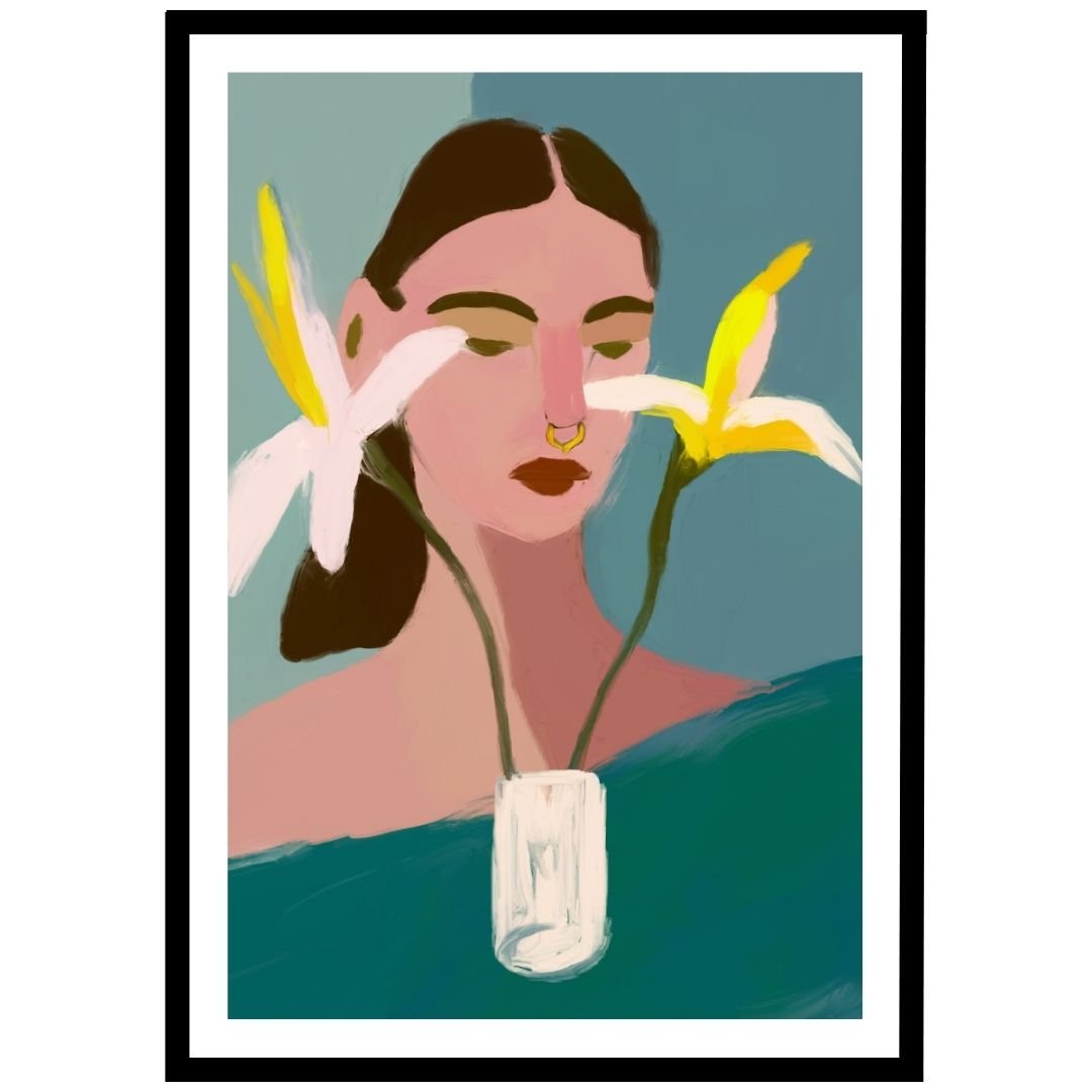 Stylish woman portrait surrounded by lilies framed in black wall art