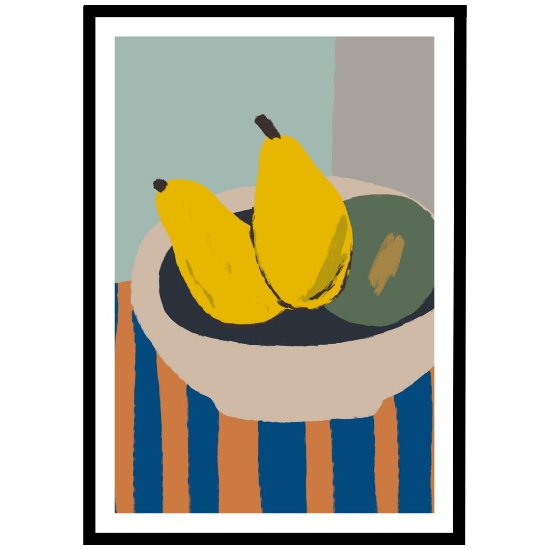 Modern minimalist illustration of two yellow ripe pears in a bowl on a stripped background table