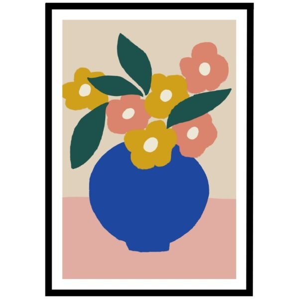 Blue vase with colourful flowers, modern flower arrangement wall art.