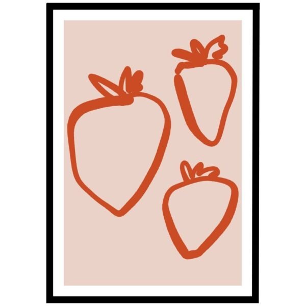 Strawberry outline poster in orange, minimalist fruit wall art.
