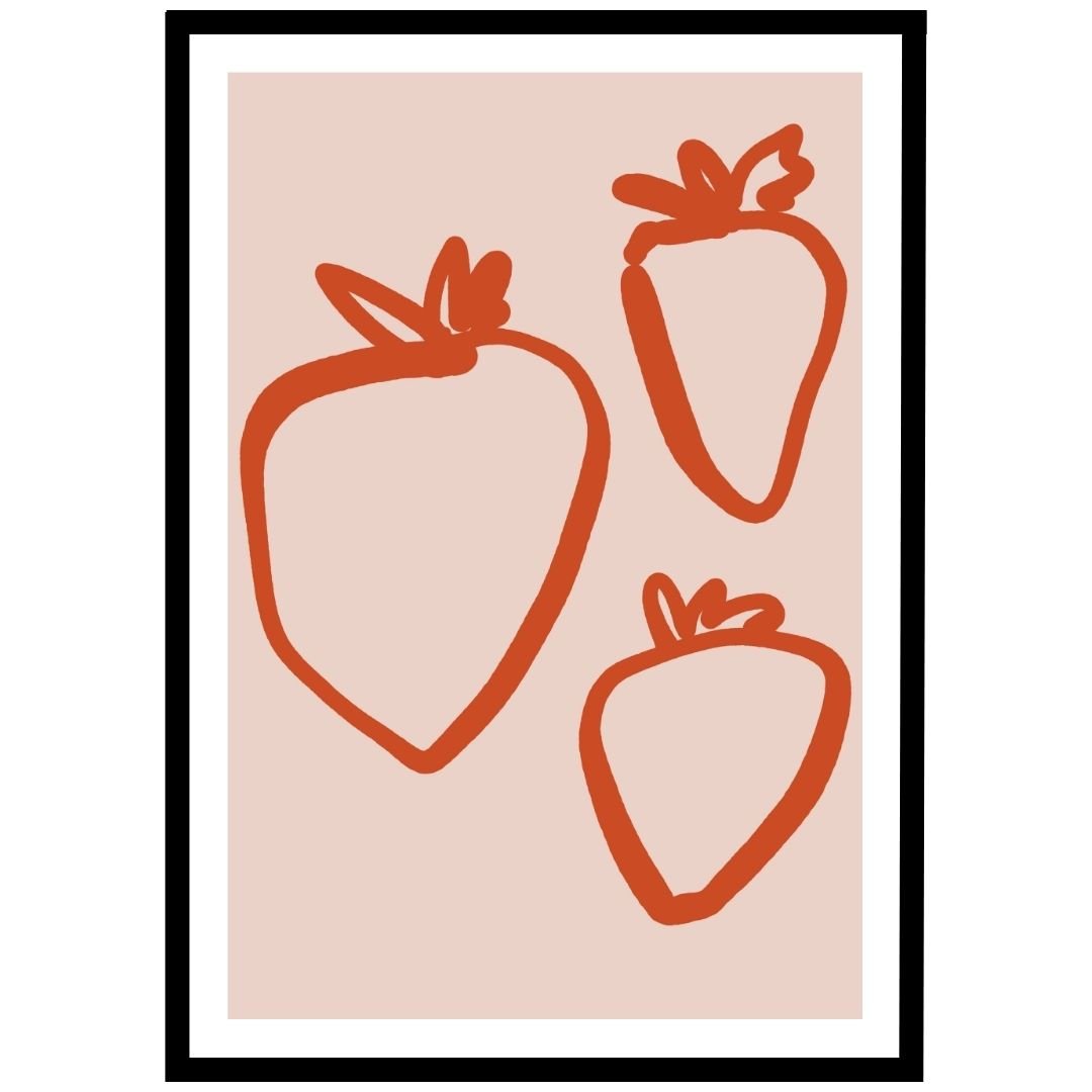 Strawberry outline poster in orange, minimalist fruit wall art.