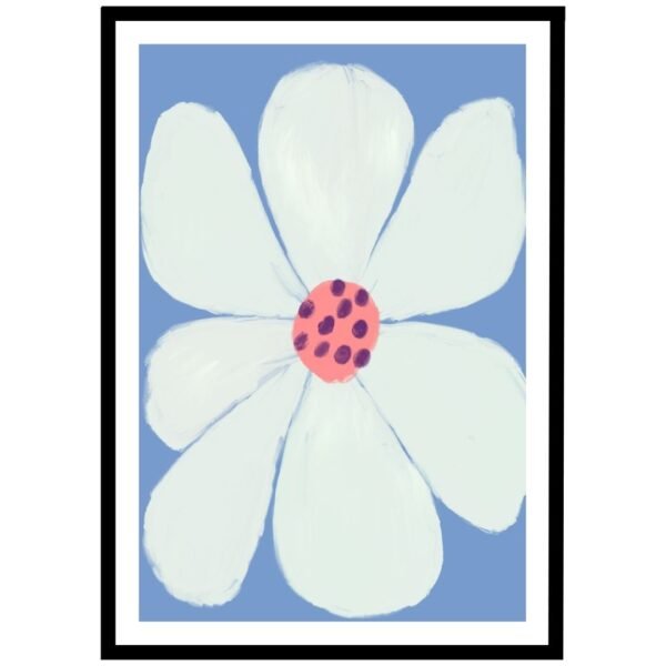 White flower with pink centre on a blue background, modern flower wall art.