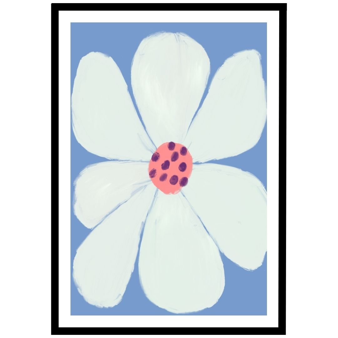 White flower with pink centre on a blue background, modern flower wall art.
