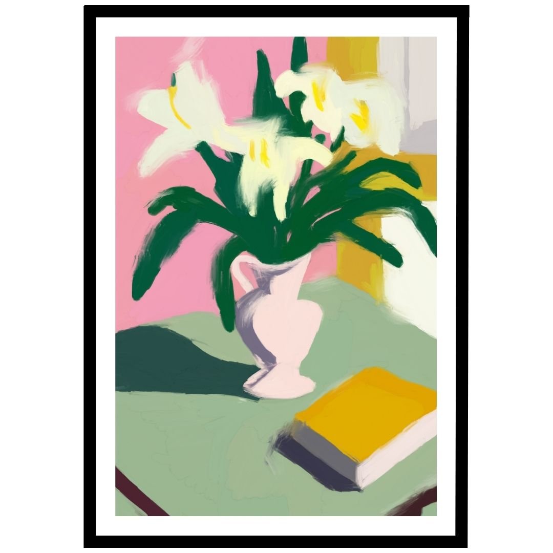 Vase with white flowers, vibrant and elegant wall art for home decor.