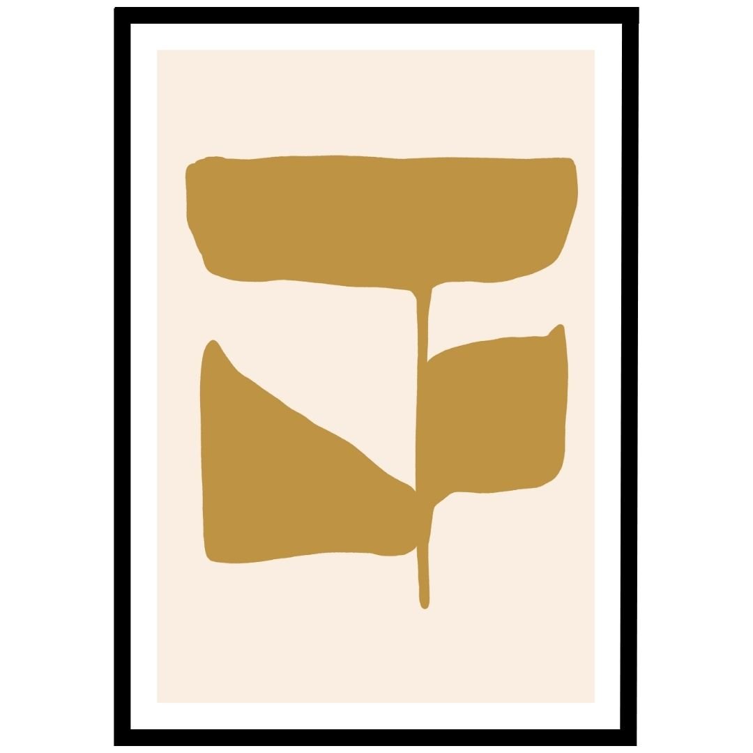 Abstract artwork featuring gold shapes on a beige background within a black frame.