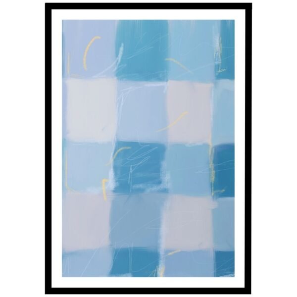 Blue and light blue checkered abstract poster, calming wall art for home decor.