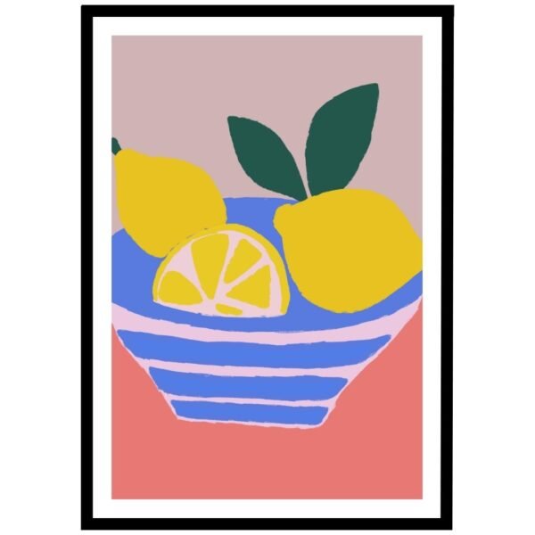 Cheerful lemon bowl art print with vibrant yellow and green tones