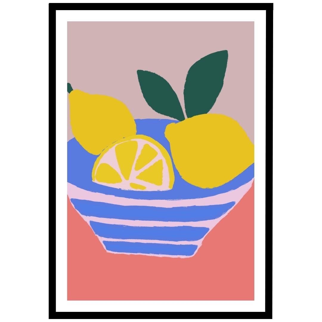 Cheerful lemon bowl art print with vibrant yellow and green tones
