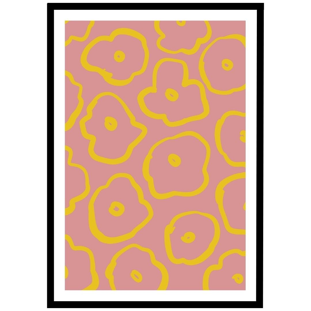 yellow flowers on pink background, cheerful floral wall art.