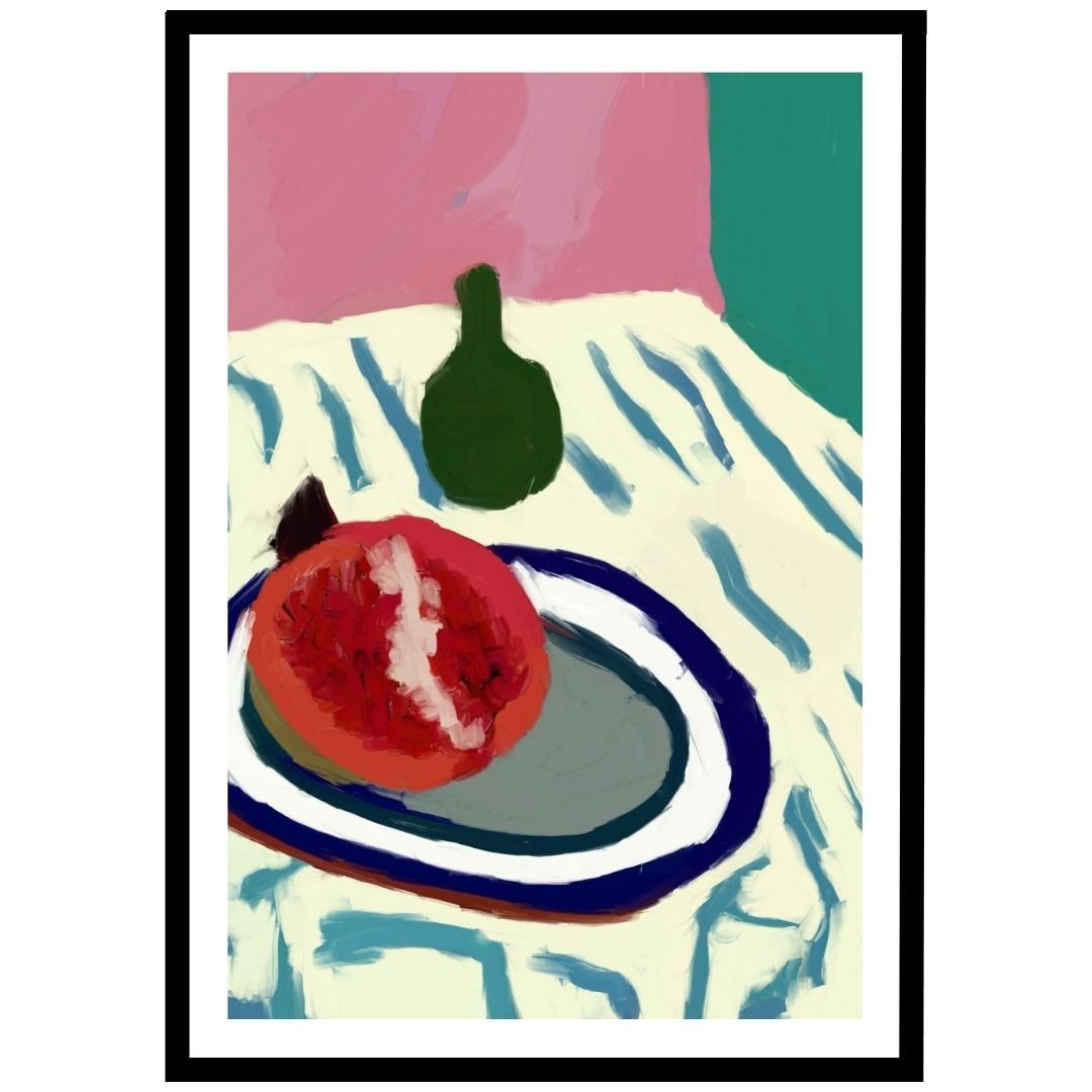 Pomegranate and green bottle, artistic wall art for modern interiors.