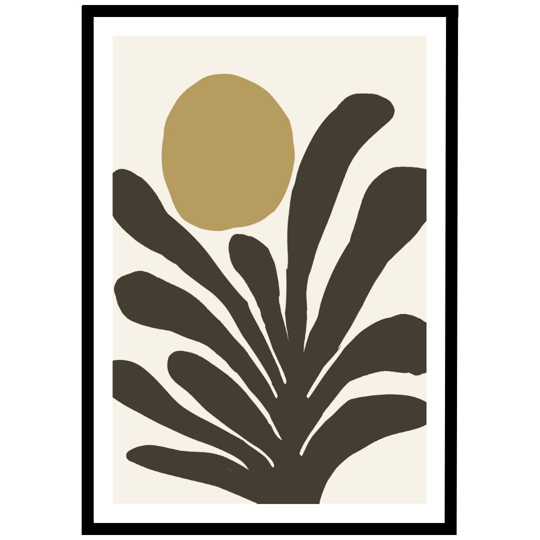Abstract plant wall art featuring dark leaves with a golden sun.