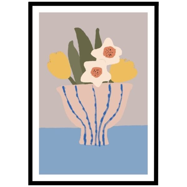 Soft yellow flowers in striped vase, vibrant wall art for modern interiors.