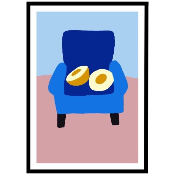 Bagels on a blue chair, quirky and fun home decor poster.