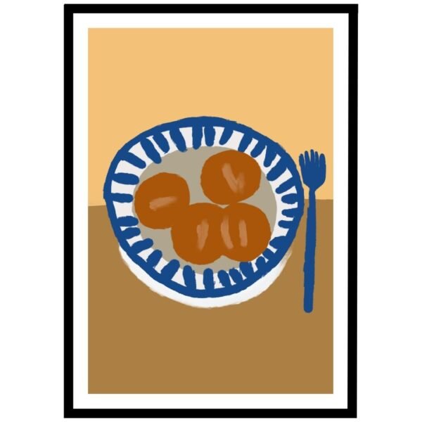 Bread rolls in blue and brown bowl, modern kitchen wall art.