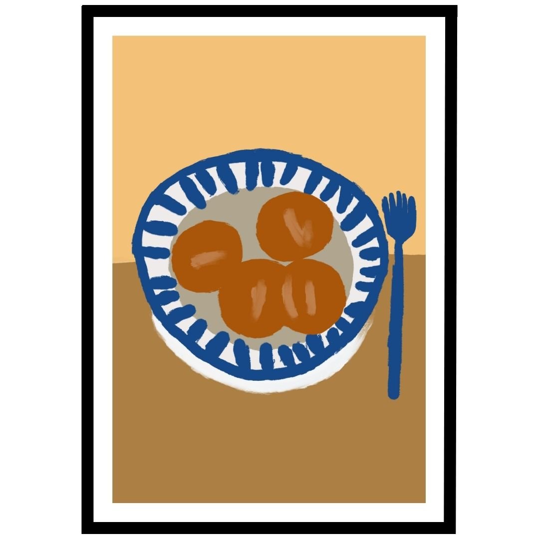 Bread rolls in blue and brown bowl, modern kitchen wall art.