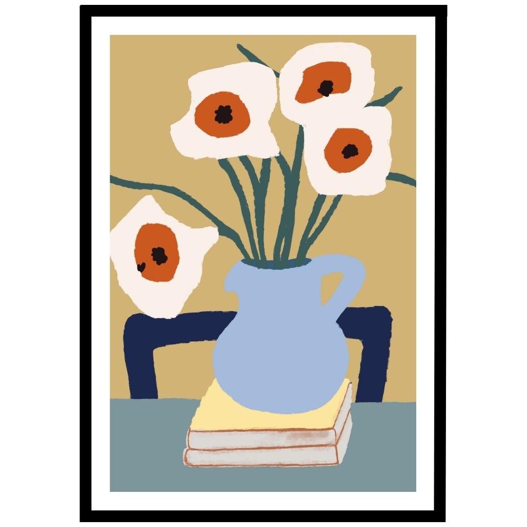 Flowers in a blue vase on books, charming home decor poster.