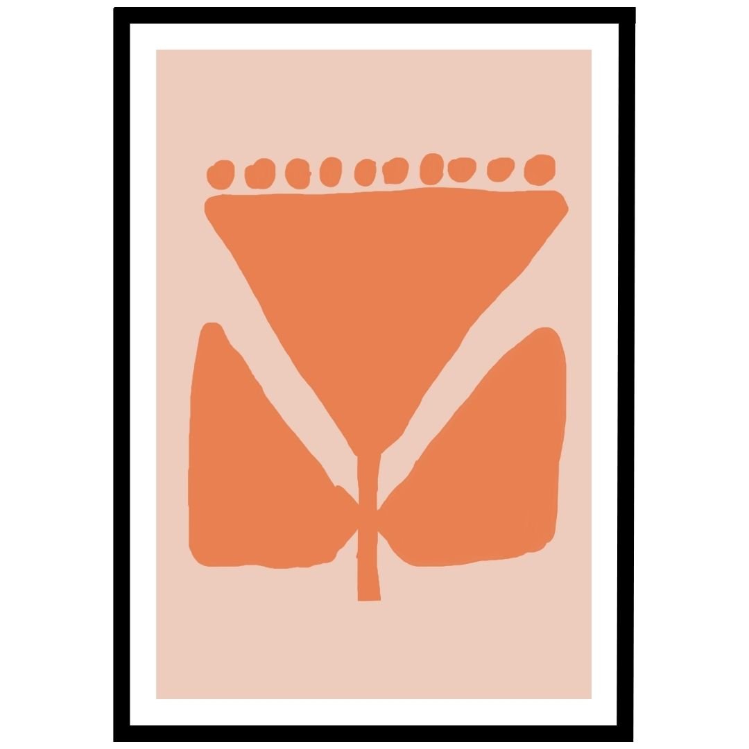 Orange flower abstract design with dots, bold wall art for contemporary spaces.