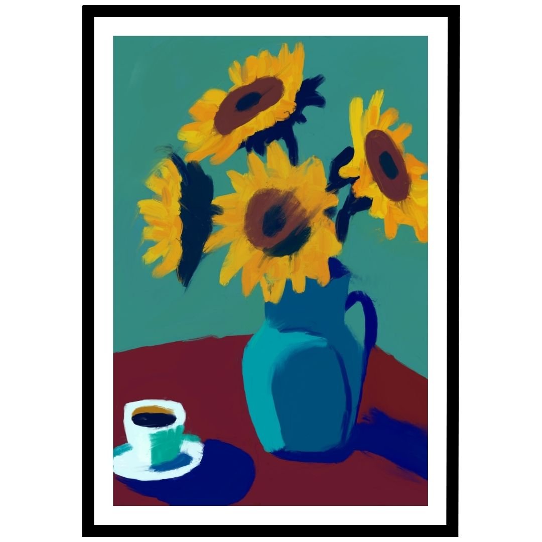 Bright sunflower bouquet in a vase, with coffee cup, bold wall art.