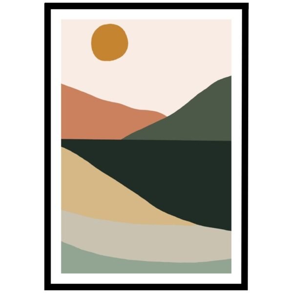 landscape poster with sun and hills, calming wall art.