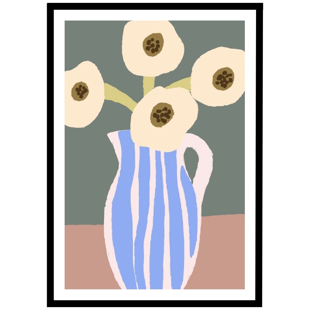 Minimalist white flowers in blue and white vase, chic wall art for living room.